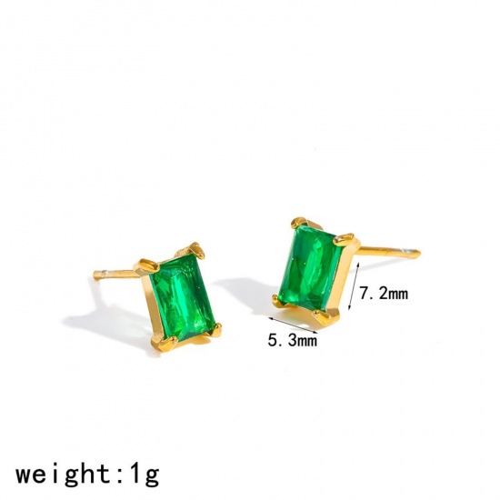 Immagine di Squisito Elegante Orecchini a Perno All'Ingrosso, Rettangolo Verde Circonio Cubico Placcato Oro 18K 304 Acciaio Inossidabile, Unisex Placcatura Sottovuoto Ecologica Regalo Fornitura di Gioielli, 7.2mm x 5.3mm, 1 Paio