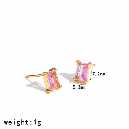 Immagine di Squisito Elegante Orecchini a Perno All'Ingrosso, Rettangolo Rosa Circonio Cubico Placcato Oro 18K 304 Acciaio Inossidabile, Unisex Placcatura Sottovuoto Ecologica Regalo Fornitura di Gioielli, 7.2mm x 5.3mm, 1 Paio