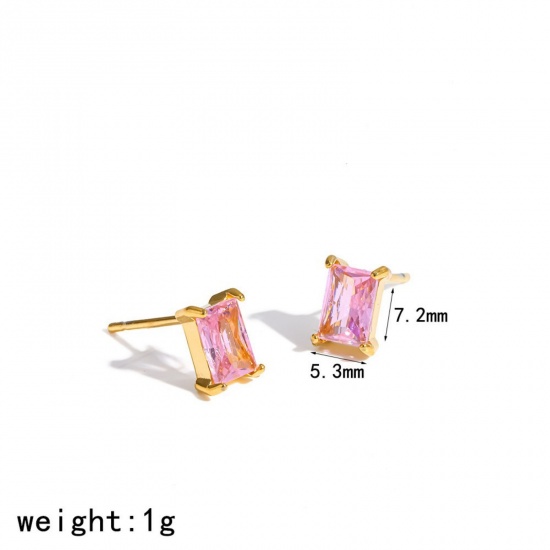 Immagine di Squisito Elegante Orecchini a Perno All'Ingrosso, Rettangolo Rosa Circonio Cubico Placcato Oro 18K 304 Acciaio Inossidabile, Unisex Placcatura Sottovuoto Ecologica Regalo Fornitura di Gioielli, 7.2mm x 5.3mm, 1 Paio
