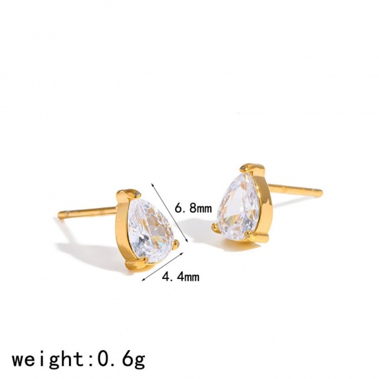 Immagine di Squisito Elegante Orecchini a Perno All'Ingrosso, Goccia Trasparente Circonio Cubico Placcato Oro 18K 304 Acciaio Inossidabile, Unisex Placcatura Sottovuoto Ecologica Regalo Fornitura di Gioielli, 6.8mm x 4.4mm, 1 Paio