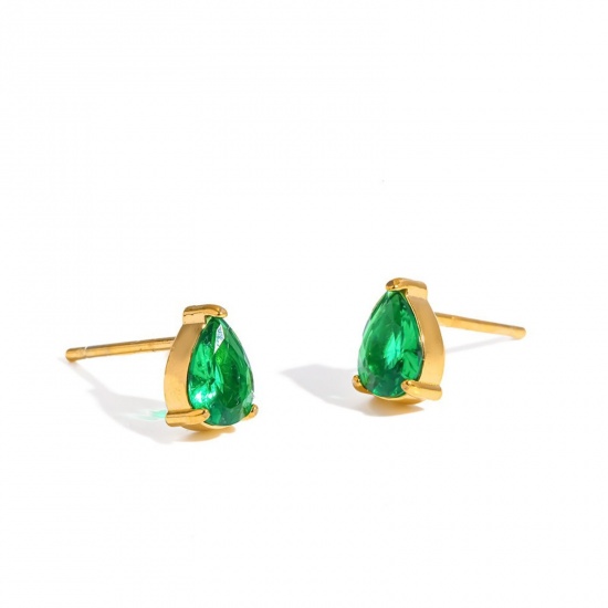 Immagine di Squisito Elegante Orecchini a Perno All'Ingrosso, Goccia Verde Circonio Cubico Placcato Oro 18K 304 Acciaio Inossidabile, Unisex Placcatura Sottovuoto Ecologica Regalo Fornitura di Gioielli, 6.8mm x 4.4mm, 1 Paio