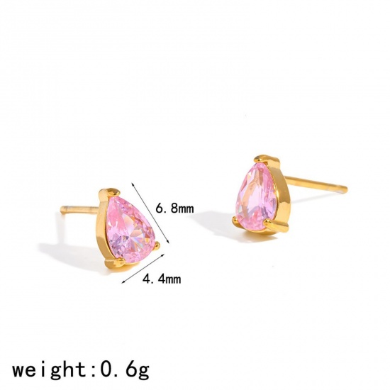 Immagine di Squisito Elegante Orecchini a Perno All'Ingrosso, Goccia Rosa Circonio Cubico Placcato Oro 18K 304 Acciaio Inossidabile, Unisex Placcatura Sottovuoto Ecologica Regalo Fornitura di Gioielli, 6.8mm x 4.4mm, 1 Paio