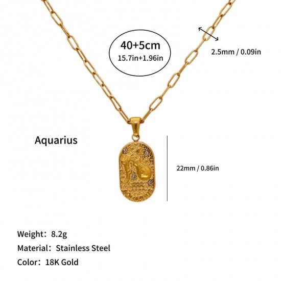 Picture of Wholesale Oval Aquarius Sign Of Zodiac Constellations Clear Cubic Zirconia Pendant Charm Necklace, 18K Gold Plated 304 Stainless Steel Women's Eco-friendly PVD Ins Style Stylish Gift Jewelry For Retailer, 40cm(15.7") + 5cm(2") long, 1 Piece