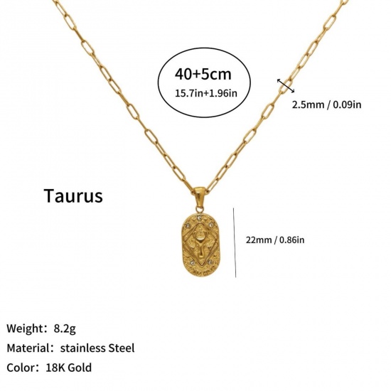 Picture of Wholesale Oval Taurus Sign Of Zodiac Constellations Clear Cubic Zirconia Pendant Charm Necklace, 18K Gold Plated 304 Stainless Steel Women's Eco-friendly PVD Ins Style Stylish Gift Jewelry For Retailer, 40cm(15.7") + 5cm(2") long, 1 Piece