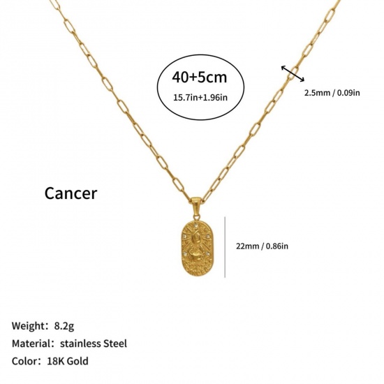 Picture of Wholesale Oval Cancer Sign Of Zodiac Constellations Clear Cubic Zirconia Pendant Charm Necklace, 18K Gold Plated 304 Stainless Steel Women's Eco-friendly PVD Ins Style Stylish Gift Jewelry For Retailer, 40cm(15.7") + 5cm(2") long, 1 Piece