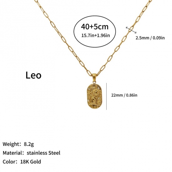 Picture of Wholesale Oval Leo Sign Of Zodiac Constellations Clear Cubic Zirconia Pendant Charm Necklace, 18K Gold Plated 304 Stainless Steel Women's Eco-friendly PVD Ins Style Stylish Gift Jewelry For Retailer, 40cm(15.7") + 5cm(2") long, 1 Piece