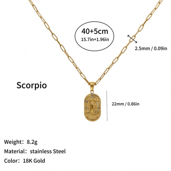 Picture of Wholesale Oval Scorpio Sign Of Zodiac Constellations Clear Cubic Zirconia Pendant Charm Necklace, 18K Gold Plated 304 Stainless Steel Women's Eco-friendly PVD Ins Style Stylish Gift Jewelry For Retailer, 40cm(15.7") + 5cm(2") long, 1 Piece