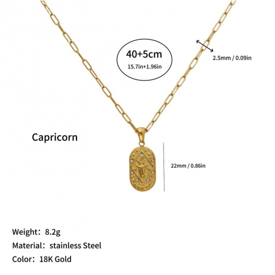 Picture of Wholesale Oval Capricornus Sign Of Zodiac Constellations Clear Cubic Zirconia Pendant Charm Necklace, 18K Gold Plated 304 Stainless Steel Women's Eco-friendly PVD Ins Style Stylish Gift Jewelry For Retailer, 40cm(15.7") + 5cm(2") long, 1 Piece