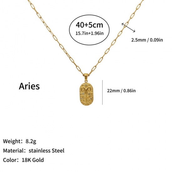 Picture of Wholesale Oval Aries Sign Of Zodiac Constellations Clear Cubic Zirconia Pendant Charm Necklace, 18K Gold Plated 304 Stainless Steel Women's Eco-friendly PVD Ins Style Stylish Gift Jewelry For Retailer, 40cm(15.7") + 5cm(2") long, 1 Piece