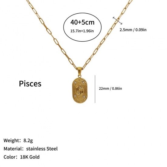 Picture of Wholesale Oval Pisces Sign Of Zodiac Constellations Clear Cubic Zirconia Pendant Charm Necklace, 18K Gold Plated 304 Stainless Steel Women's Eco-friendly PVD Ins Style Stylish Gift Jewelry For Retailer, 40cm(15.7") + 5cm(2") long, 1 Piece