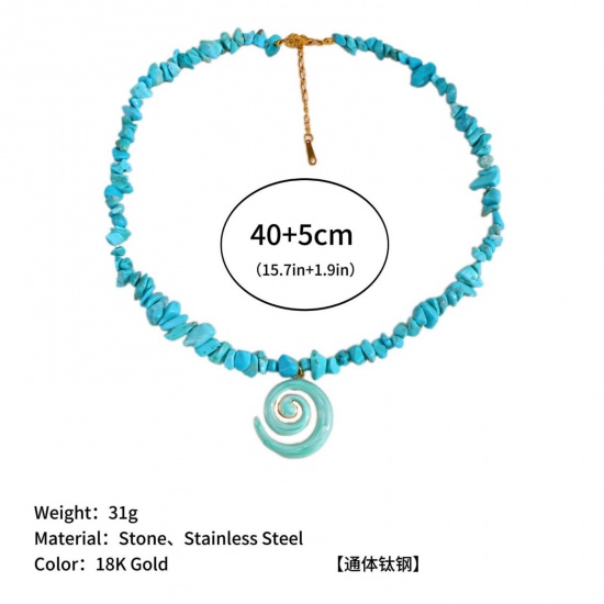 Immagine di Spirale Blu Collana con Ciondolo All'Ingrosso, Placcato Oro 18K 304 Acciaio Inossidabile & Gemma Donne PVD Ecologica Retrò Elegante Regalo Gioielli Per Rivenditore, 40cm + 5cm Lunghezza, 1 Pz