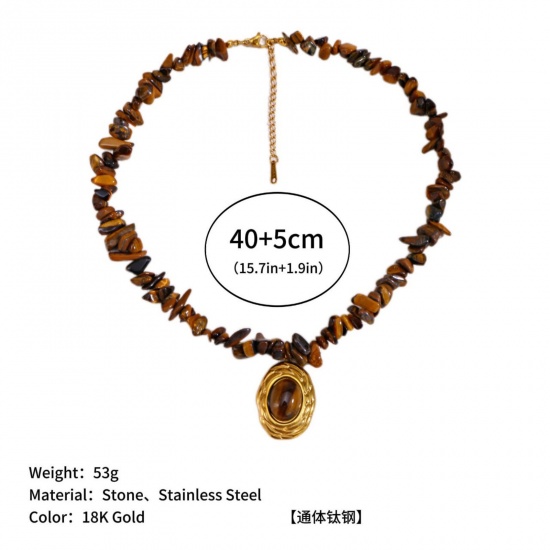Immagine di Ovale Marrone Collana con Ciondolo All'Ingrosso, Placcato Oro 18K 304 Acciaio Inossidabile & Gemma Donne PVD Ecologica Retrò Elegante Regalo Gioielli Per Rivenditore, 40cm + 5cm Lunghezza, 1 Pz