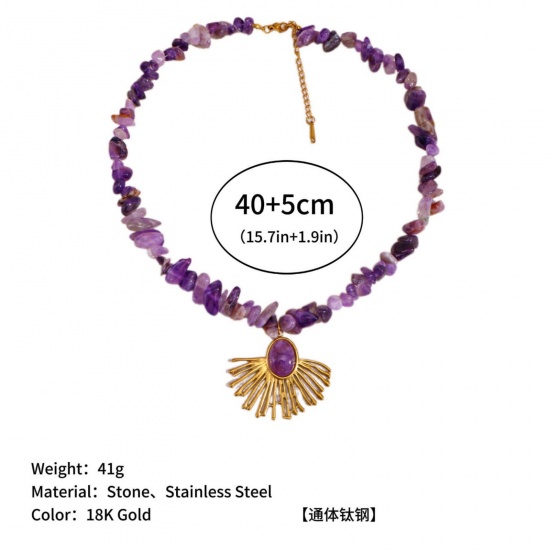 Immagine di Colore Viola Collana con Ciondolo All'Ingrosso, Placcato Oro 18K 304 Acciaio Inossidabile & Gemma Donne PVD Ecologica Retrò Elegante Regalo Gioielli Per Rivenditore, 40cm + 5cm Lunghezza, 1 Pz