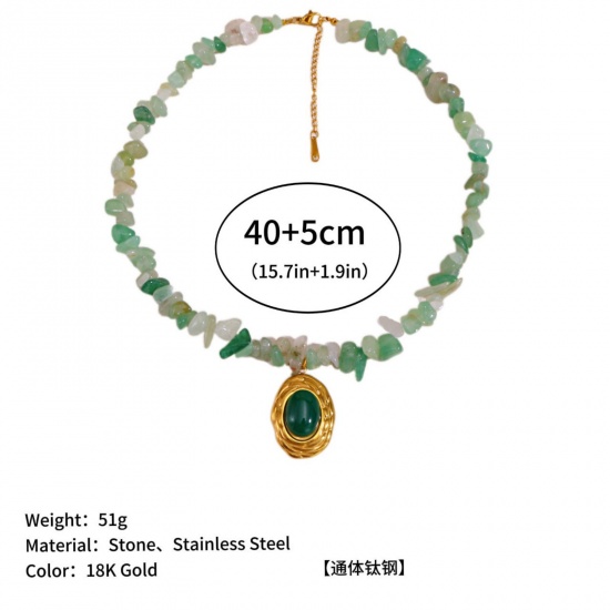 Immagine di Ovale Verde Collana con Ciondolo All'Ingrosso, Placcato Oro 18K 304 Acciaio Inossidabile & Gemma Donne PVD Ecologica Retrò Elegante Regalo Gioielli Per Rivenditore, 40cm + 5cm Lunghezza, 1 Pz
