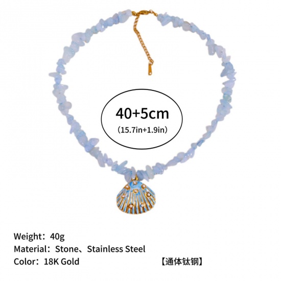 Immagine di Conchiglia Blu Collana con Ciondolo All'Ingrosso, Placcato Oro 18K 304 Acciaio Inossidabile & Gemma Donne PVD Ecologica Retrò Elegante Regalo Gioielli Per Rivenditore, 40cm + 5cm Lunghezza, 1 Pz