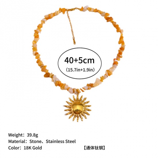 Immagine di Sole Arancione Collana con Ciondolo All'Ingrosso, Placcato Oro 18K 304 Acciaio Inossidabile & Gemma Donne PVD Ecologica Retrò Elegante Regalo Gioielli Per Rivenditore, 40cm + 5cm Lunghezza, 1 Pz