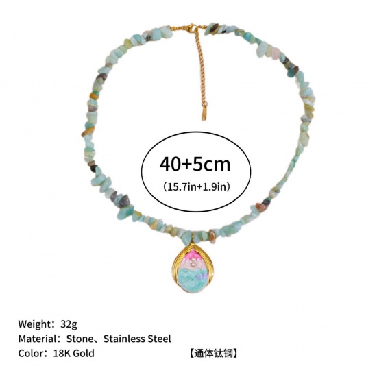 Immagine di Blu Collana con Ciondolo All'Ingrosso, Placcato Oro 18K 304 Acciaio Inossidabile & Gemma Donne PVD Ecologica Retrò Elegante Regalo Gioielli Per Rivenditore, 40cm + 5cm Lunghezza, 1 Pz