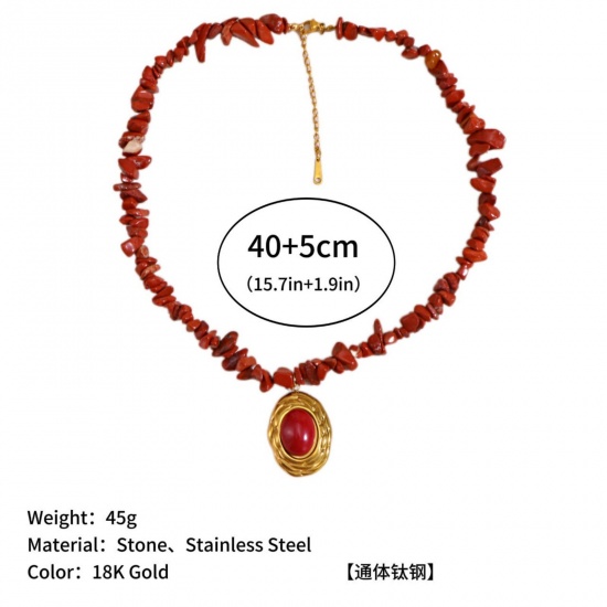 Immagine di Ovale Colore di Vino Rosso Collana con Ciondolo All'Ingrosso, Placcato Oro 18K 304 Acciaio Inossidabile & Gemma Donne PVD Ecologica Retrò Elegante Regalo Gioielli Per Rivenditore, 40cm + 5cm Lunghezza, 1 Pz