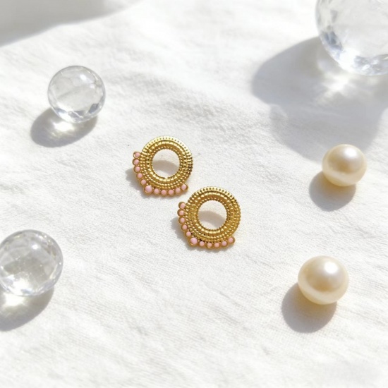 Picture of Wholesale Exquisite Stylish Ear Post Stud Earrings, Circle Ring Pink Enamel 18K Gold Plated 304 Stainless Steel, Women's Eco-friendly Gift Jewelry Supply, 28mm x 26mm, 1 Pair