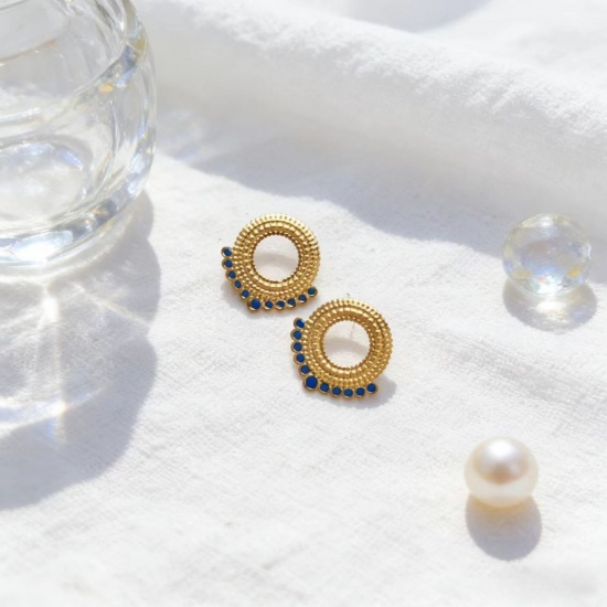 Picture of Wholesale Exquisite Stylish Ear Post Stud Earrings, Circle Ring Blue Enamel 18K Gold Plated 304 Stainless Steel, Women's Eco-friendly Gift Jewelry Supply, 28mm x 26mm, 1 Pair