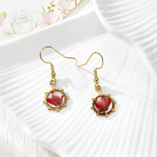Picture of Wholesale Exquisite Stylish Earrings, Flower Red 18K Gold Plated 304 Stainless Steel & Resin, Women's Eco-friendly PVD Gift Jewelry Supply, 3.3cm x 1.2cm, 1 Pair