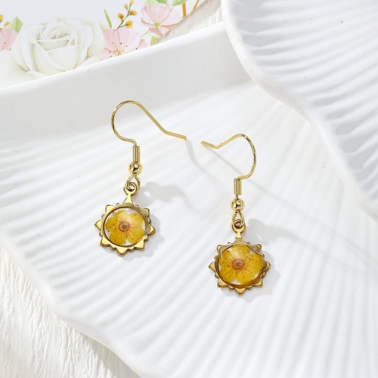 Picture of Wholesale Exquisite Stylish Earrings, Flower Yellow 18K Gold Plated 304 Stainless Steel & Resin, Women's Eco-friendly PVD Gift Jewelry Supply, 3.3cm x 1.2cm, 1 Pair