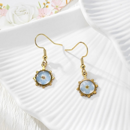 Picture of Wholesale Exquisite Stylish Earrings, Flower Blue 18K Gold Plated 304 Stainless Steel & Resin, Women's Eco-friendly PVD Gift Jewelry Supply, 3.3cm x 1.2cm, 1 Pair