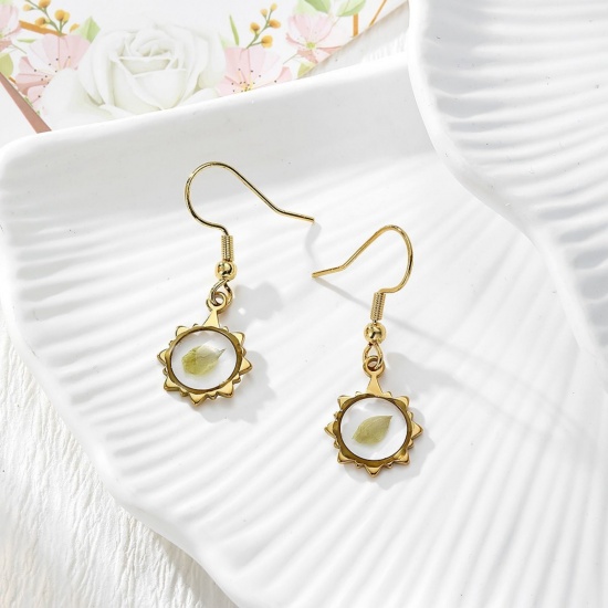 Picture of Wholesale Exquisite Stylish Earrings, Leaf 18K Gold Plated 304 Stainless Steel & Resin, Women's Eco-friendly PVD Gift Jewelry Supply, 3.3cm x 1.2cm, 1 Pair