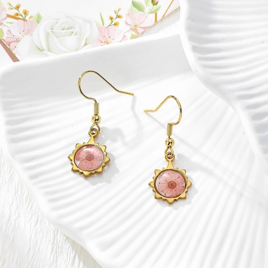 Picture of Wholesale Exquisite Stylish Earrings, Flower Pink 18K Gold Plated 304 Stainless Steel & Resin, Women's Eco-friendly PVD Gift Jewelry Supply, 3.3cm x 1.2cm, 1 Pair