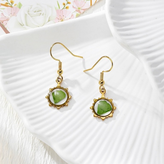 Picture of Wholesale Exquisite Stylish Earrings, Leaf Green 18K Gold Plated 304 Stainless Steel & Resin, Women's Eco-friendly PVD Gift Jewelry Supply, 3.3cm x 1.2cm, 1 Pair