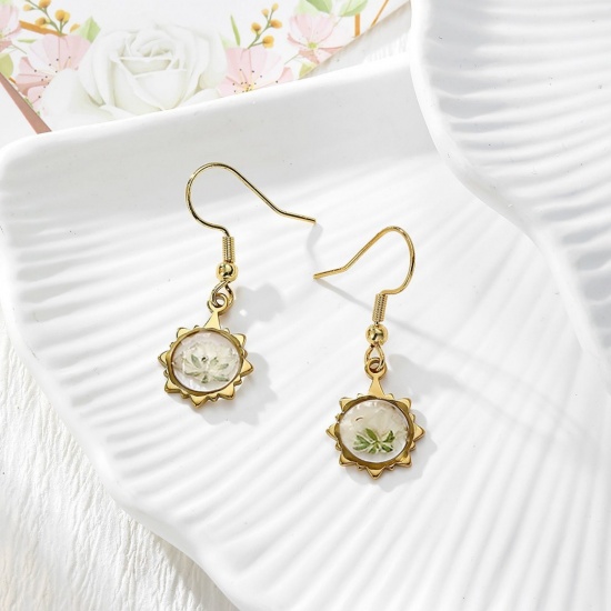 Picture of Wholesale Exquisite Stylish Earrings, Flower White 18K Gold Plated 304 Stainless Steel & Resin, Women's Eco-friendly PVD Gift Jewelry Supply, 3.3cm x 1.2cm, 1 Pair