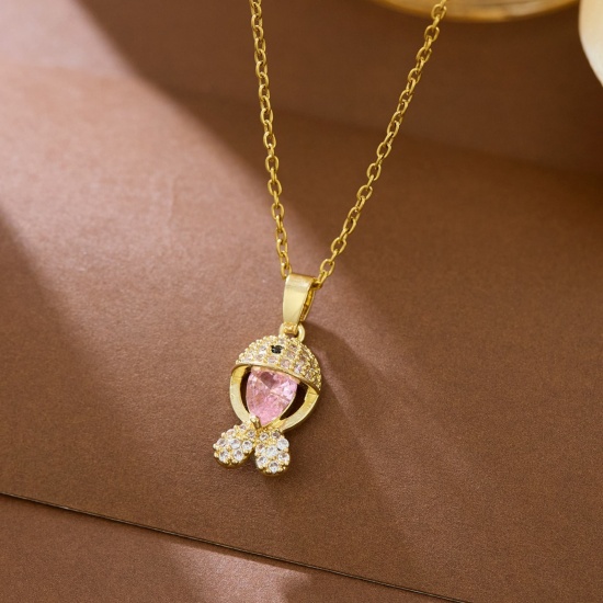Picture of Wholesale Fish Animal Pink Cubic Zirconia Pendant Charm Necklace, 18K Gold Plated 304 Stainless Steel Women's Eco-friendly Exquisite Stylish Gift Jewelry For Retailer, 40cm(15.7") + 5cm(2") long, 1 Piece
