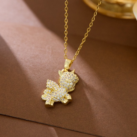 Picture of Wholesale Horse Animal Clear Cubic Zirconia Pendant Charm Necklace, 18K Gold Plated 304 Stainless Steel Women's Eco-friendly Exquisite Stylish Gift Jewelry For Retailer, 40cm(15.7") + 5cm(2") long, 1 Piece