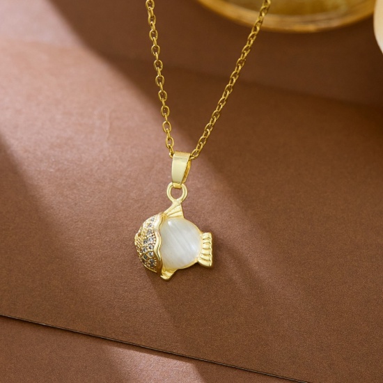 Picture of Wholesale Fish Animal Clear Cubic Zirconia Pendant Charm Necklace, 18K Gold Plated 304 Stainless Steel Women's Eco-friendly Exquisite Stylish Gift Jewelry For Retailer, 40cm(15.7") + 5cm(2") long, 1 Piece