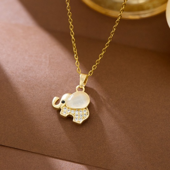 Picture of Wholesale Elephant Animal Clear Cubic Zirconia Pendant Charm Necklace, 18K Gold Plated 304 Stainless Steel Women's Eco-friendly Exquisite Stylish Gift Jewelry For Retailer, 40cm(15.7") + 5cm(2") long, 1 Piece
