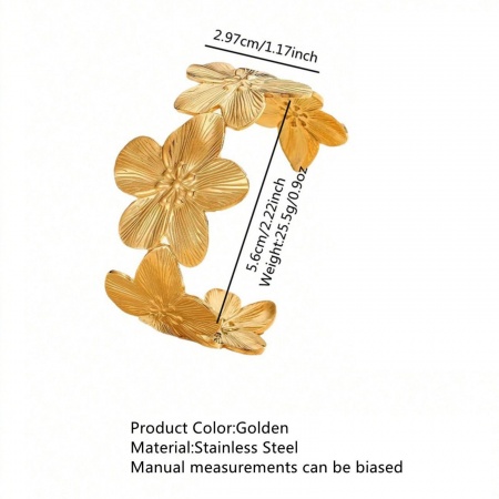 Picture of Wholesale Flower 304 Stainless Steel Open Cuff Bangles Bracelets, 18K Gold Color Women's Elegant Stylish Gift Jewelry Supply, 1 Piece