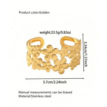 Picture of Wholesale Flower 304 Stainless Steel Open Cuff Bangles Bracelets, 18K Gold Color Women's Elegant Stylish Gift Jewelry Supply, 1 Piece