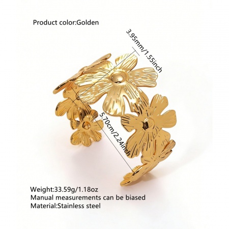 Picture of Wholesale Flower 304 Stainless Steel Open Cuff Bangles Bracelets, 18K Gold Color Women's Elegant Stylish Gift Jewelry Supply, 1 Piece