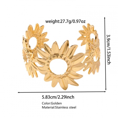 Picture of Wholesale Flower 304 Stainless Steel Open Cuff Bangles Bracelets, 18K Gold Color Women's Elegant Stylish Gift Jewelry Supply, 1 Piece