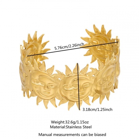 Picture of Wholesale Sun 304 Stainless Steel Open Cuff Bangles Bracelets, 18K Gold Color Women's Elegant Stylish Gift Jewelry Supply, 1 Piece