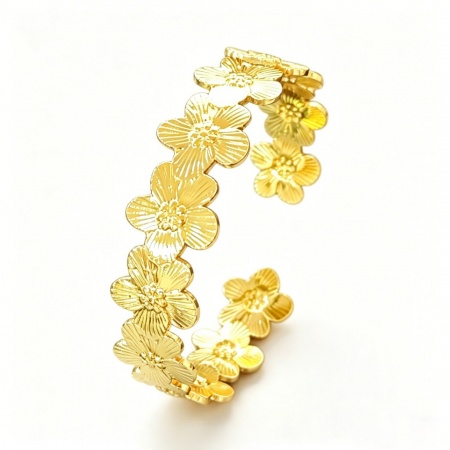 Picture of Wholesale Flower 304 Stainless Steel Open Cuff Bangles Bracelets, 18K Gold Color Women's Elegant Stylish Gift Jewelry Supply, 1 Piece