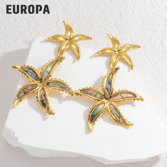 Picture of Wholesale Exquisite Stylish Earrings, Starfish 18K Gold Plated 304 Stainless Steel & Natural Shell, Women's Eco-friendly PVD Gift Jewelry Supply, 6.1cm x 4cm, 1 Pair