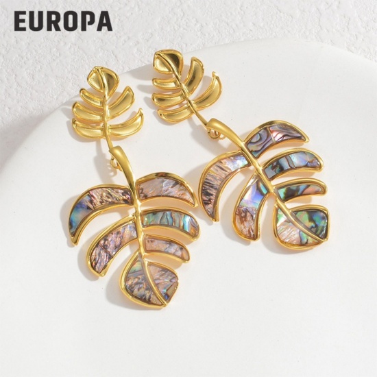 Picture of Wholesale Exquisite Stylish Earrings, Leaf 18K Gold Plated 304 Stainless Steel & Natural Shell, Women's Eco-friendly PVD Gift Jewelry Supply, 6.8cm x 3.4cm, 1 Pair