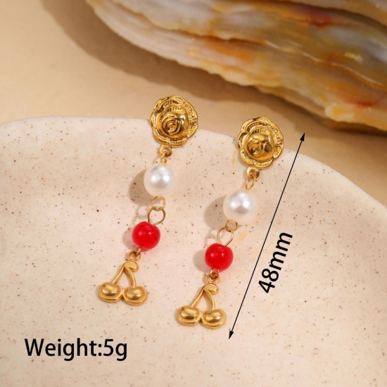Immagine di Stile Ins Elegante Orecchini a Perno All'Ingrosso, Ciliegia Placcato Oro 18K 304 Acciaio Inossidabile, Donne PVD Ecologica Regalo Fornitura di Gioielli, 4.8cm, 1 Paio