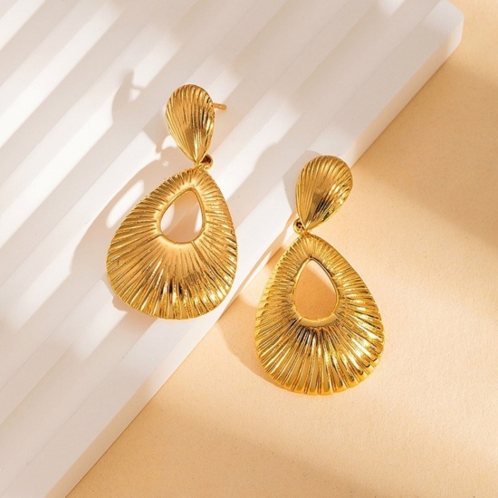 Immagine di Squisito Elegante Orecchini a Perno All'Ingrosso, Placcato Oro 18K 304 Acciaio Inossidabile, Donne PVD Ecologica Regalo Fornitura di Gioielli, 3.8cm x 1.9cm, 1 Paio