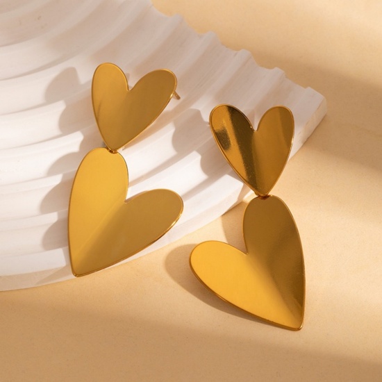 Immagine di San Valentino Elegante Orecchini a Perno All'Ingrosso, Cuore Placcato Oro 18K 304 Acciaio Inossidabile, Donne PVD Ecologica Regalo Fornitura di Gioielli, 6.2cm x 3cm, 1 Paio