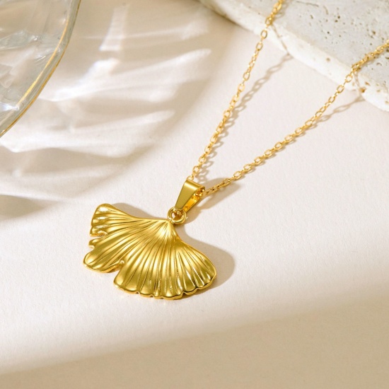 Picture of Wholesale Gingko Leaf Pendant Charm Necklace, 18K Gold Plated 304 Stainless Steel Women's Eco-friendly Vacuum Plating Exquisite Stylish Gift Jewelry For Retailer, 40cm(15.7") + 5cm(2") long, 1 Piece