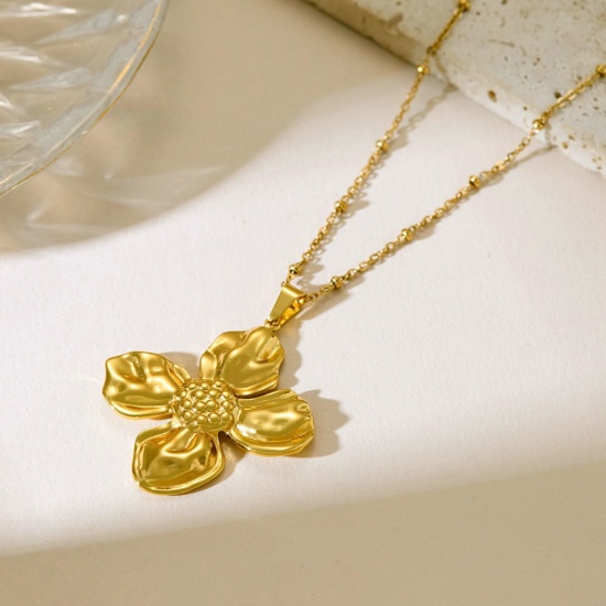 Picture of Wholesale Flower Pendant Charm Necklace, 18K Gold Plated 304 Stainless Steel Women's Eco-friendly Vacuum Plating Exquisite Stylish Gift Jewelry For Retailer, 40cm(15.7") + 5cm(2") long, 1 Piece