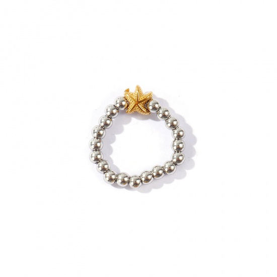 Picture of Wholesale Women's Gift Starfish Elastic Stretch Beaded Rings, 18K Real Gold Plated & Silver Tone 304 Stainless Steel, Eco-friendly PVD Waterproof Anti-Tarnish Hypoallergenic Ocean Jewelry Stylish Jewelry Supply, 18.5mm(US size 8.5), 1 Piece