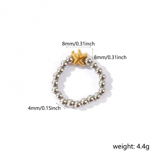 Picture of Wholesale Women's Gift Starfish Elastic Stretch Beaded Rings, 18K Real Gold Plated & Silver Tone 304 Stainless Steel, Eco-friendly PVD Waterproof Anti-Tarnish Hypoallergenic Ocean Jewelry Stylish Jewelry Supply, 18.5mm(US size 8.5), 1 Piece